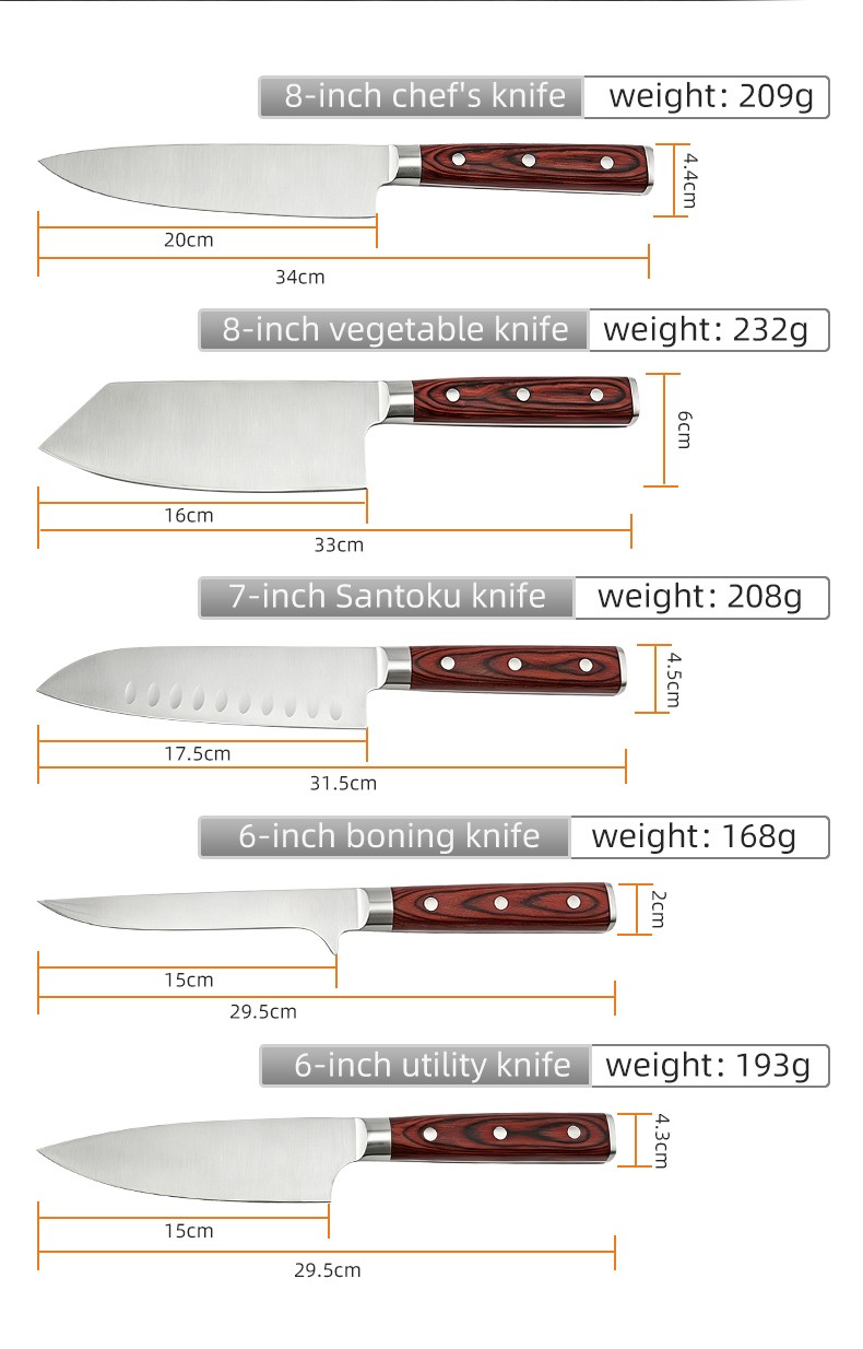 64 Layer Set Wood Handle with double steel bolster Kitchen Knife for outdoor camping detail