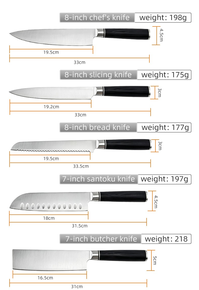 Ten-piece Damascus Pattern Stainless Steel Chef Knife Set with Colorful Long Wooden Handles Hand Sharpened and Multi-purpose detail