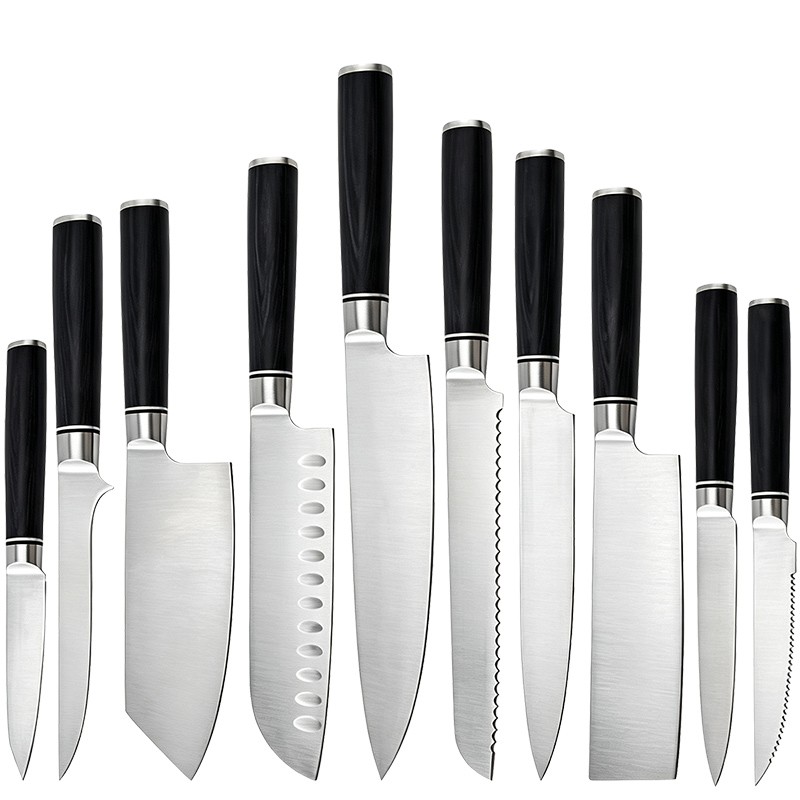 Ten-piece Damascus Pattern Stainless Steel Chef Knife Set with Colorful Long Wooden Handles Hand Sharpened and Multi-purpose