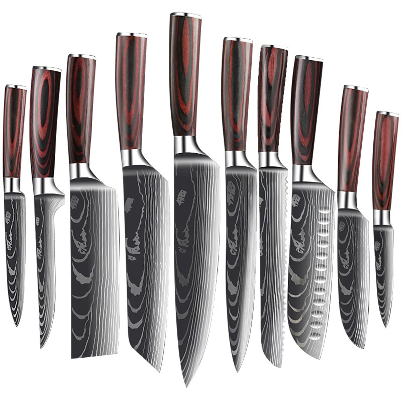 Foreign Trade Damascus Laser Grained Color Wood Handle 10-Piece Kitchen Knife Set