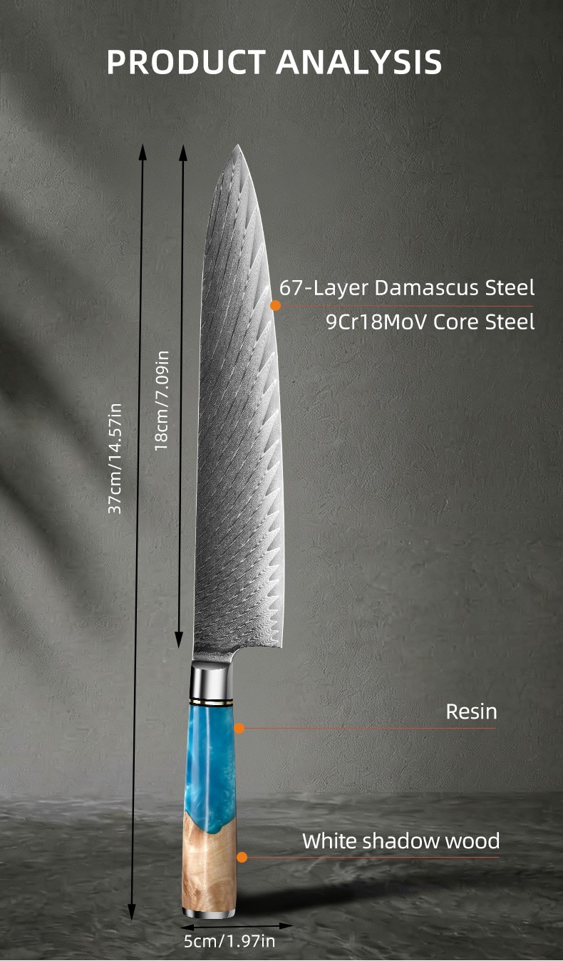 Damascus 9-inch Chef's Knife for house or commercial used detail