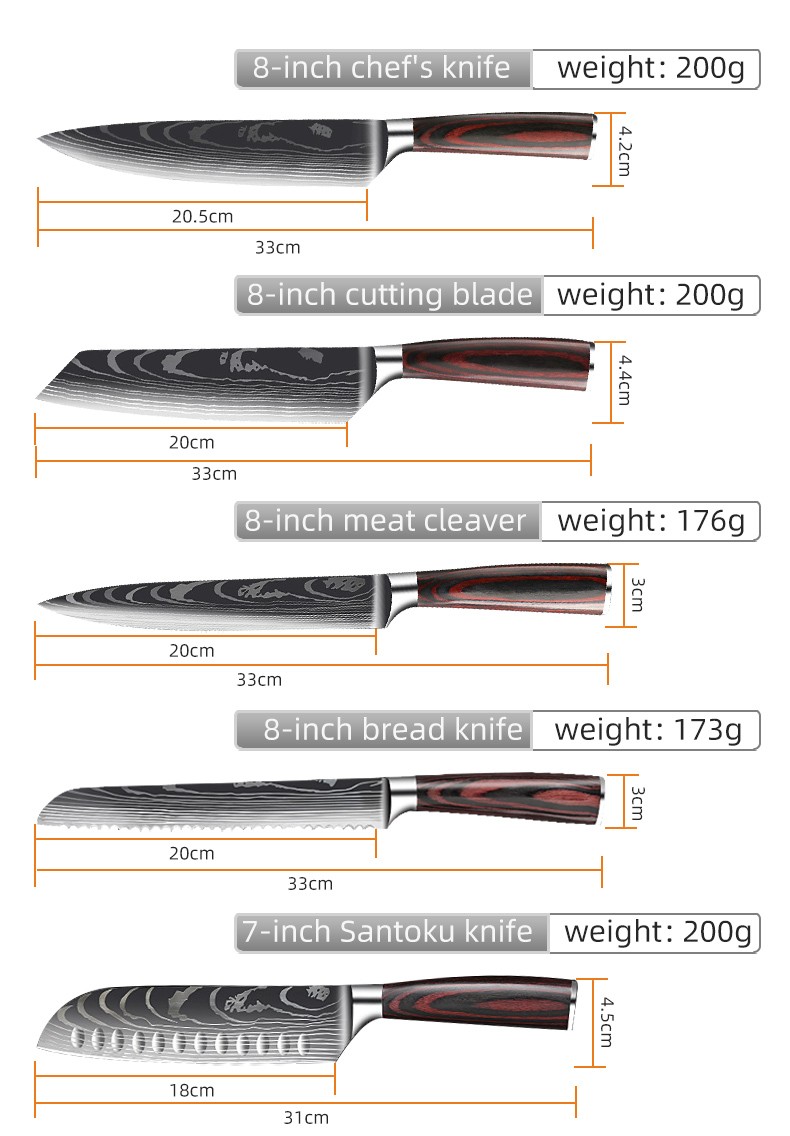 Foreign Trade Damascus Laser Grained Color Wood Handle 10-Piece Kitchen Knife Set detail