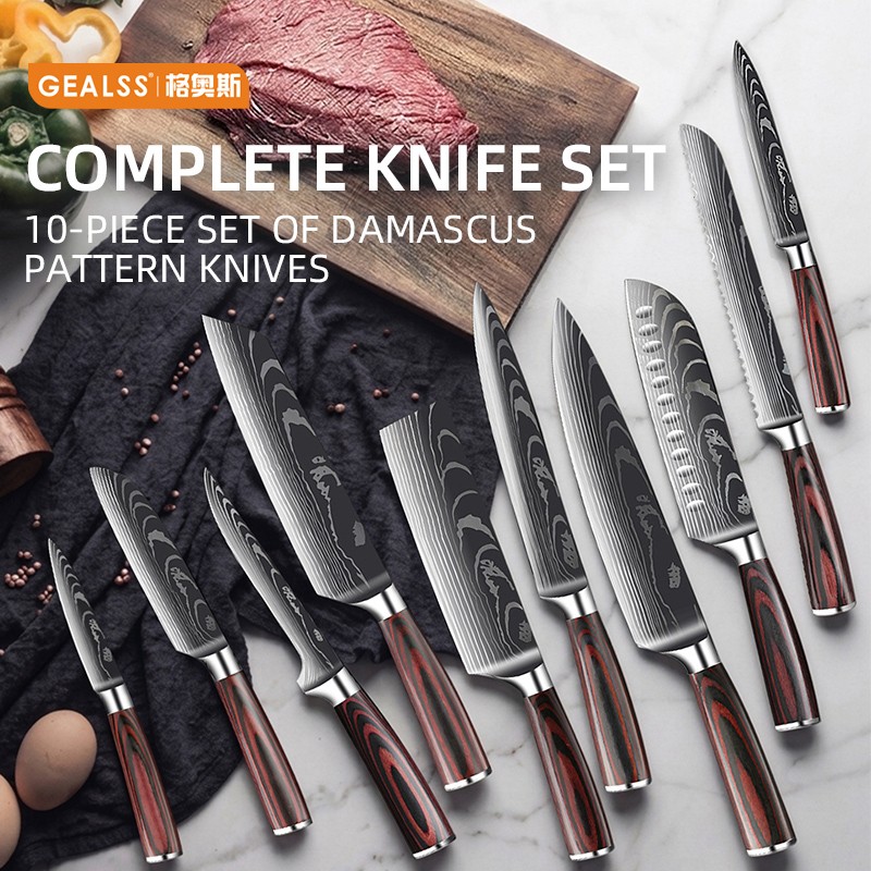 Foreign Trade Damascus Laser Grained Color Wood Handle 10-Piece Kitchen Knife Set 2