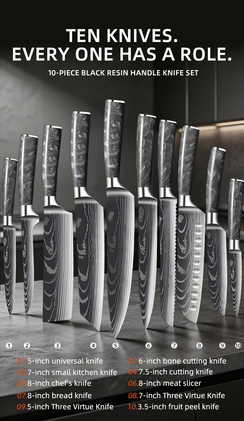 10-Piece Kitchen Knife Set with Dark Grey Resin Handles detail
