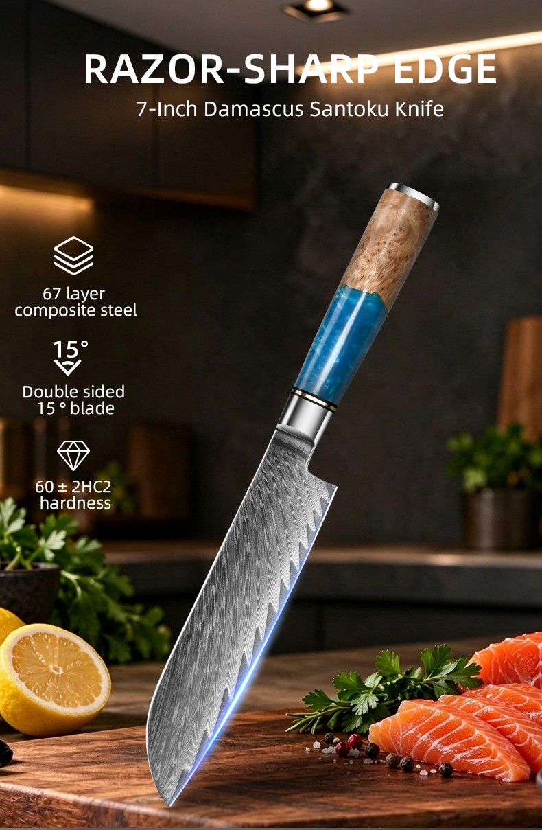 RAZOR-SHARP EDGE7-Inch Damascus Santoku Knife detail