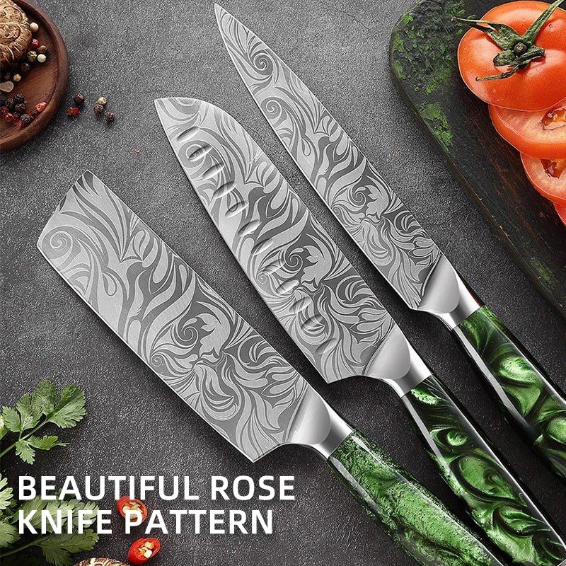 10-PieceRose Pattern Kitchen Knife Set with 67-Layer Sharp various Size 4