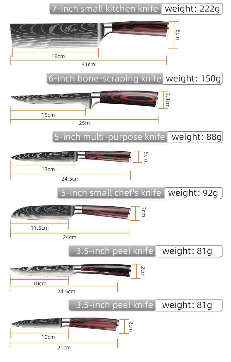 Foreign Trade Damascus Laser Grained Color Wood Handle 10-Piece Kitchen Knife Set detail