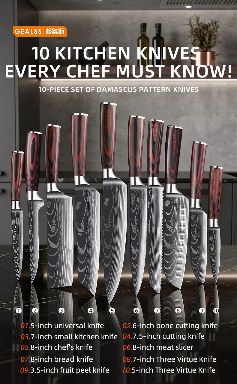 Foreign Trade Damascus Laser Grained Color Wood Handle 10-Piece Kitchen Knife Set 5