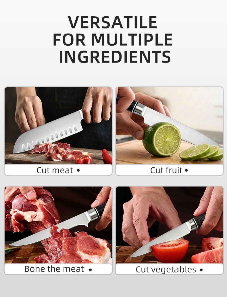Ten-piece Damascus Pattern Stainless Steel Chef Knife Set with Colorful Long Wooden Handles Hand Sharpened and Multi-purpose detail