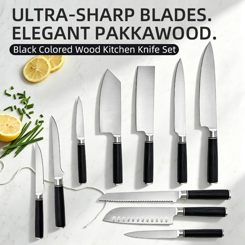 Ten-piece Damascus Pattern Stainless Steel Chef Knife Set with Colorful Long Wooden Handles Hand Sharpened and Multi-purpose 2