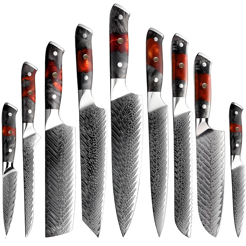 Kitchen Professional Cooking Knife Set 10-Piece Damascus Steel Kitchen Knife Set with Ergonomic Resin mix wood Handle