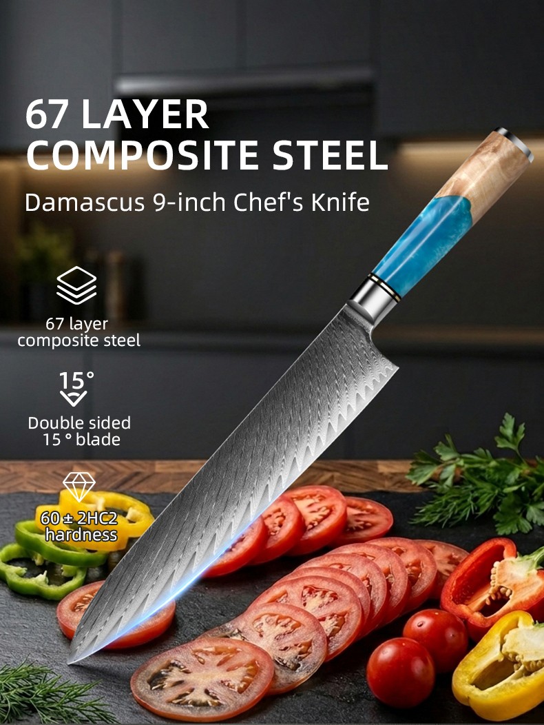 Damascus 9-inch Chef's Knife for house or commercial used detail
