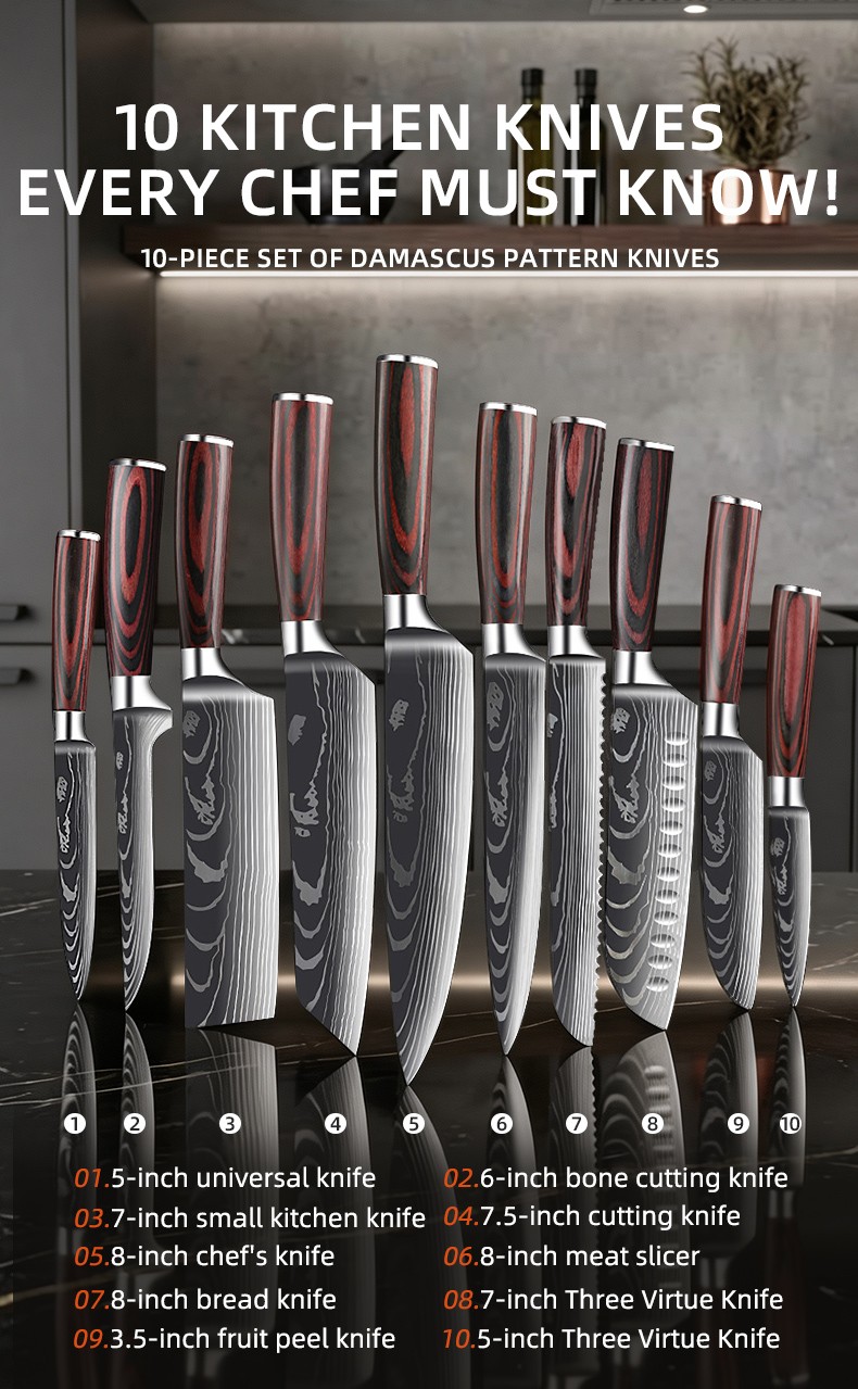 Foreign Trade Damascus Laser Grained Wood-composite Handle 10-Piece Kitchen Knife Set detail