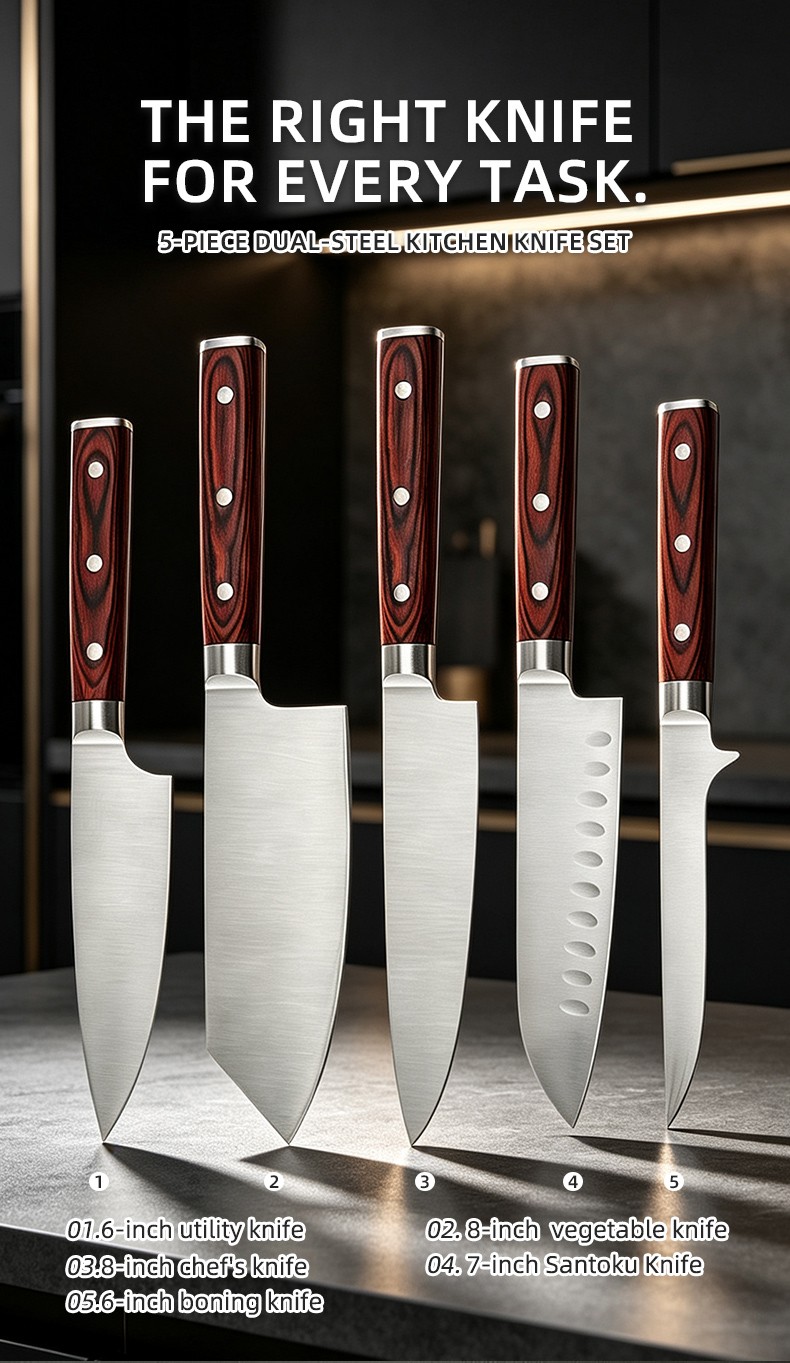 64 Layer Set Wood Handle with double steel bolster Kitchen Knife for outdoor camping detail