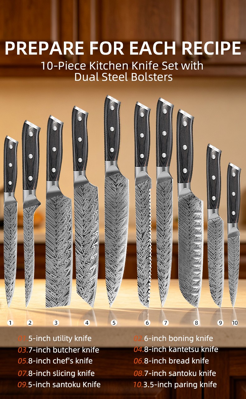 Dual Steel Bolsters of 10-Piece Kitchen Knife Set detail