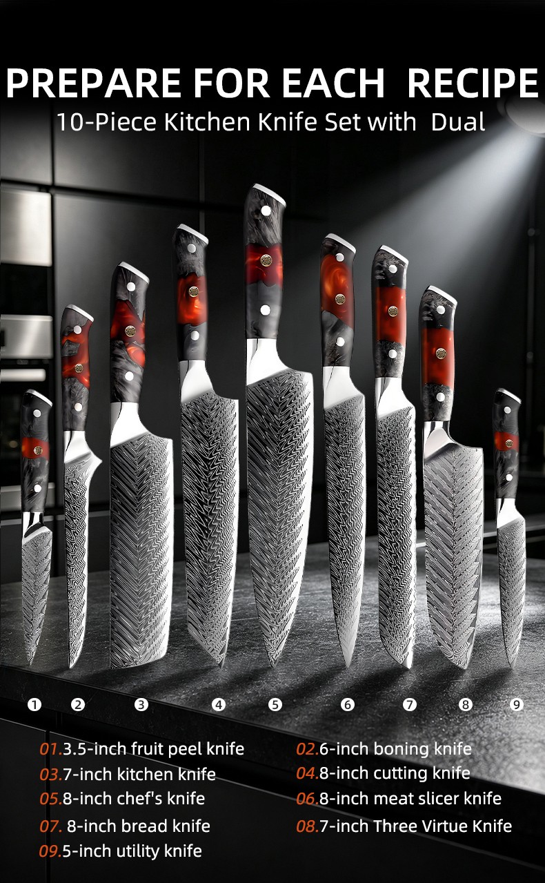 Kitchen Professional Cooking Knife Set 10-Piece Damascus Steel Kitchen Knife Set with Ergonomic Resin mix wood Handle detail