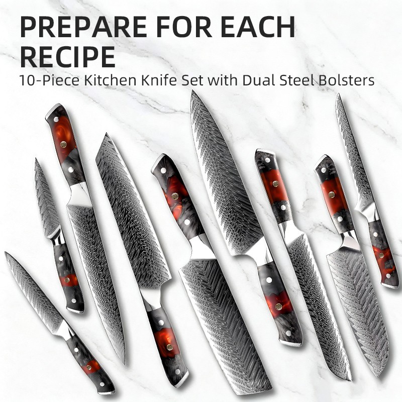 Kitchen Professional Cooking Knife Set 10-Piece Damascus Steel Kitchen Knife Set with Ergonomic Resin mix wood Handle 2