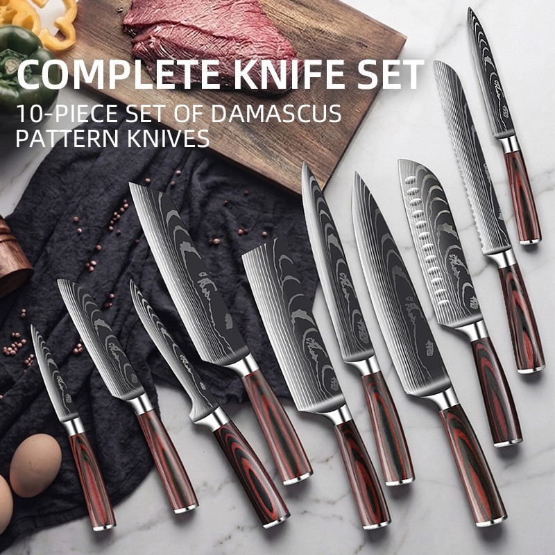 Foreign Trade Damascus Laser Grained  Wood-composite Handle 10-Piece Kitchen Knife Set 2