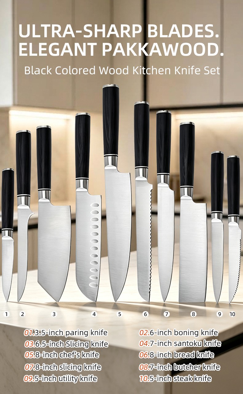 Ten-piece Damascus Pattern Stainless Steel Chef Knife Set with Colorful Long Wooden Handles Hand Sharpened and Multi-purpose detail